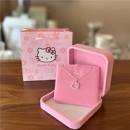 Kawaii Hello Kitty Sanrio Pink Crystal Necklace Silver Alloy Anime Jewelry Chain Female Charm Valentine Accessories Girl Gift